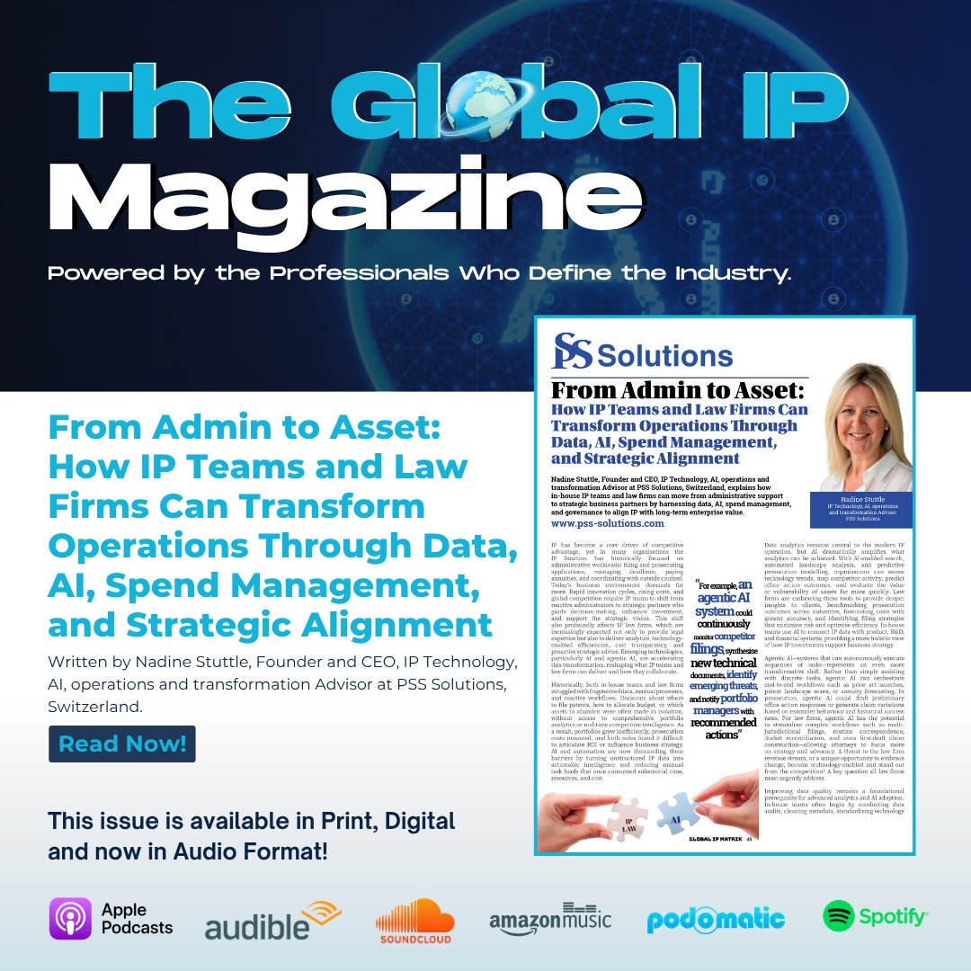 GIP_Magazine_'s tweet photo. 𝗙𝗿𝗼𝗺 𝗔𝗱𝗺𝗶𝗻 𝘁𝗼 𝗔𝘀𝘀𝗲𝘁

In The Global IP Magazine – Issue 24, Nadine Stuttle, Founder and CEO of PSS Solutions, explores how AI, data, and strategy are transforming IP into a true business asset, driving value beyond admin.

Blog: https://t.co/F8pFafGjc5

#IPlaw https://t.co/NlljqAmZ6q