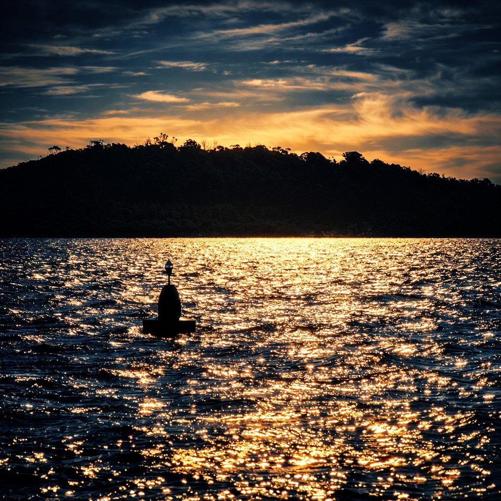SamuelLison's tweet photo. Golden hour over Lakes Entrance, Victoria — a lone buoy drifts in silhouette while the water turns to liquid fire beneath the dark shoreline. A quiet, surreal kind of evening. #LakesEntrance #Victoria #GoldenHour #Photography https://t.co/k2fYheE4C3