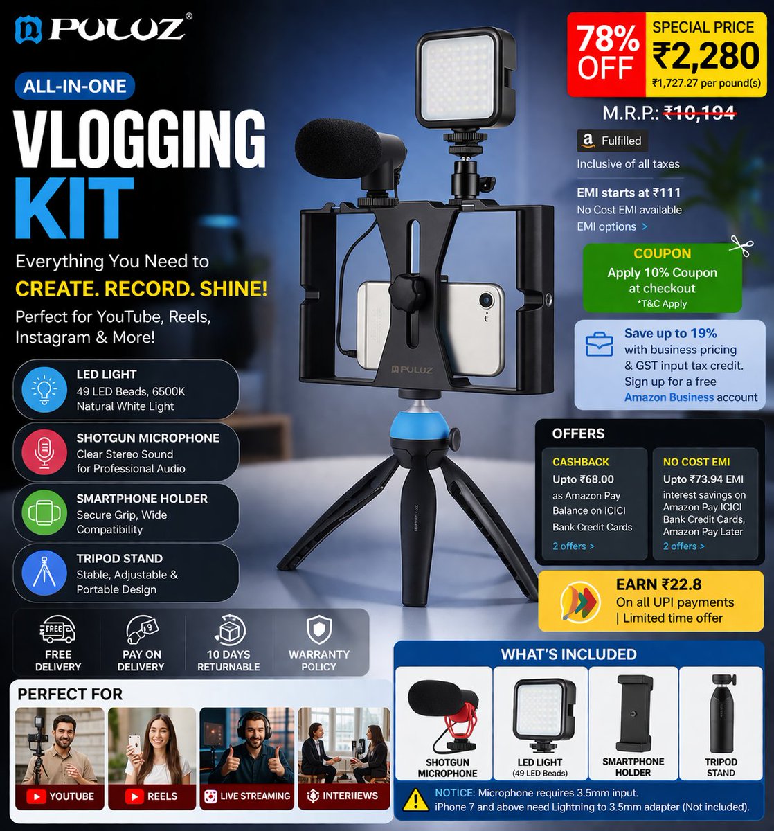 l_tudi39346's tweet image. 🎥 Create like a PRO!
PULUZ Vlogging Kit 🔥
Tripod + Mic + LED Light
💰 ₹2,280 (78% OFF)
Perfect for YouTube &amp;amp; Reels

👉 Buy now: [ amzn.to/4vcU7Ci ]

#Vlogging #ContentCreator #YouTube #Reels #Deals