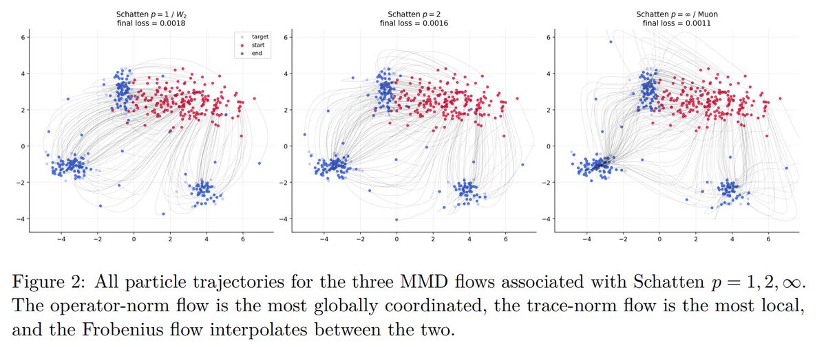 novasarc01's tweet photo. this is an unique perspective on muon: instead of explaining it purely as a spectral gradient normalization method the paper interprets it as the operator-norm endpoint of a broader family of spectral wasserstein gradient flows. love how it is beautifully explained by gabriel peyré by unifying ordinary wasserstein gradient flow, intermediate schatten-normalized flows and muon. pure elegance!