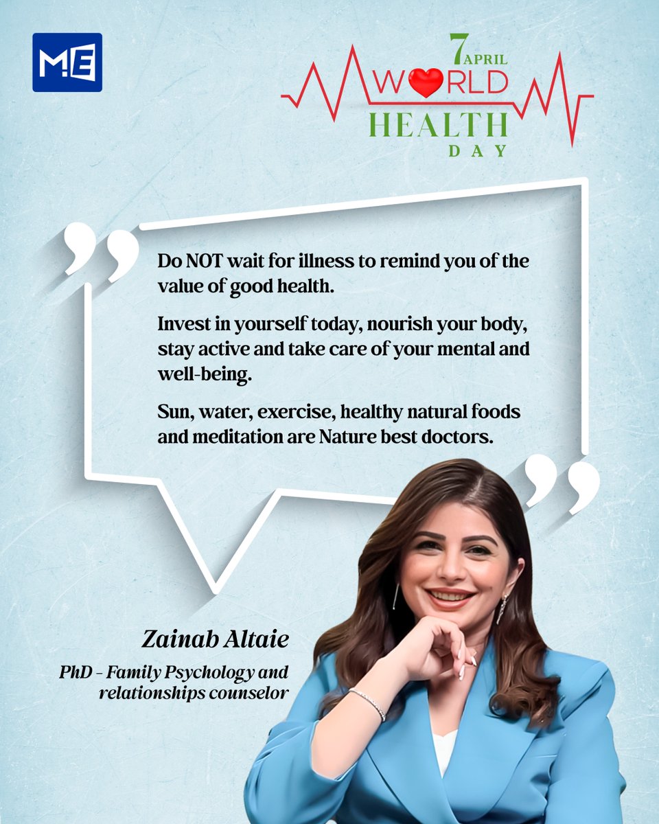 MedEdgeMEA's tweet image. 🌍 World Health Day 2026 
Zainab Altaie, PhD — Family Psychology &amp;amp; Relationships Counselor. Featured in Health for All.

#WorldHealthDay #GlobalHealth #HolisticHealth #HealthAwareness #HealthForAll #MededgeMEA