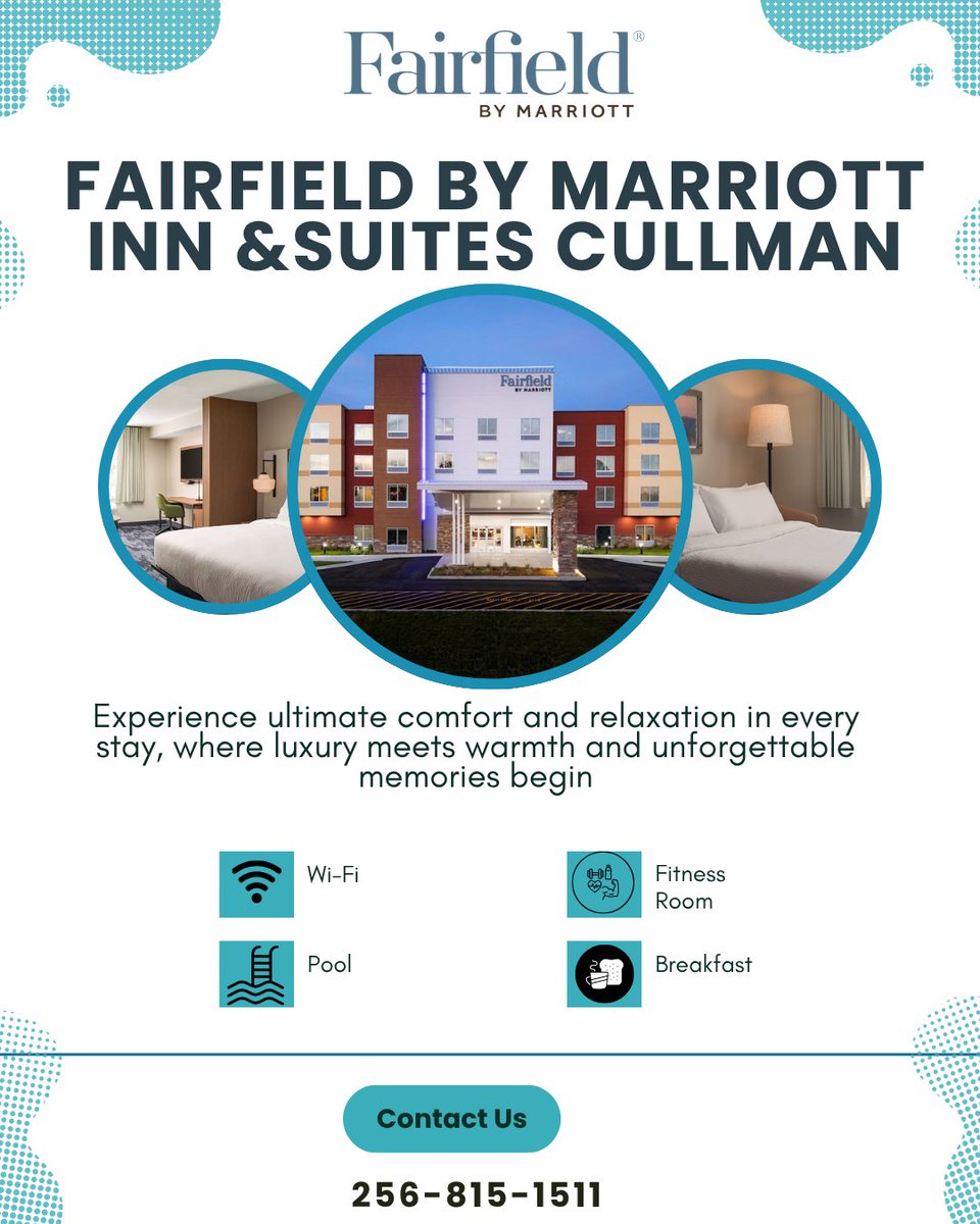FairfieldInnAL's tweet image. Experience comfort, convenience, and everything you need — from Wi-Fi to breakfast — all designed for your perfect stay.

Contact us today and plan your stay!

#StayComfortable #HotelLife #TravelEssentials #CullmanStay #WiFiReady #BreakfastIncluded #RelaxAndStay #BookYourSta