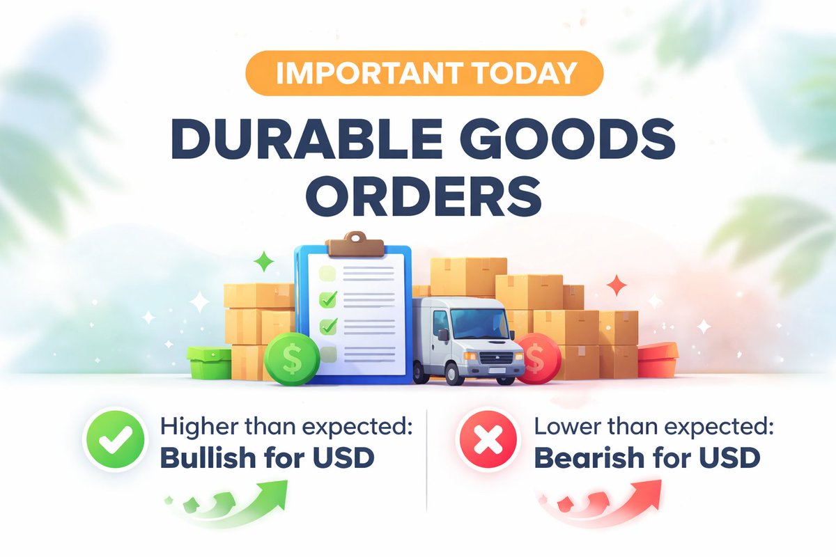 Blynexex's tweet photo. ✨ Durable Goods Orders – Quick Snapshot ✨

📊 High > Forecast: 💵 USD 📈 | Stocks📈
🛢️ Oil ↑ | 🪙 Gold ↓
📉 Low < Forecast: 💵 USD 📉 | Stocks📉 
🛢️Oil ↓ 🪙 Gold ↑
 
💡 Takeaway: High orders → strong economy → USD & markets up.
Low orders → slower economy → USD & markets dip, Gold rises.

#markets #trading #economicdata @newsinvesting @Investingcom