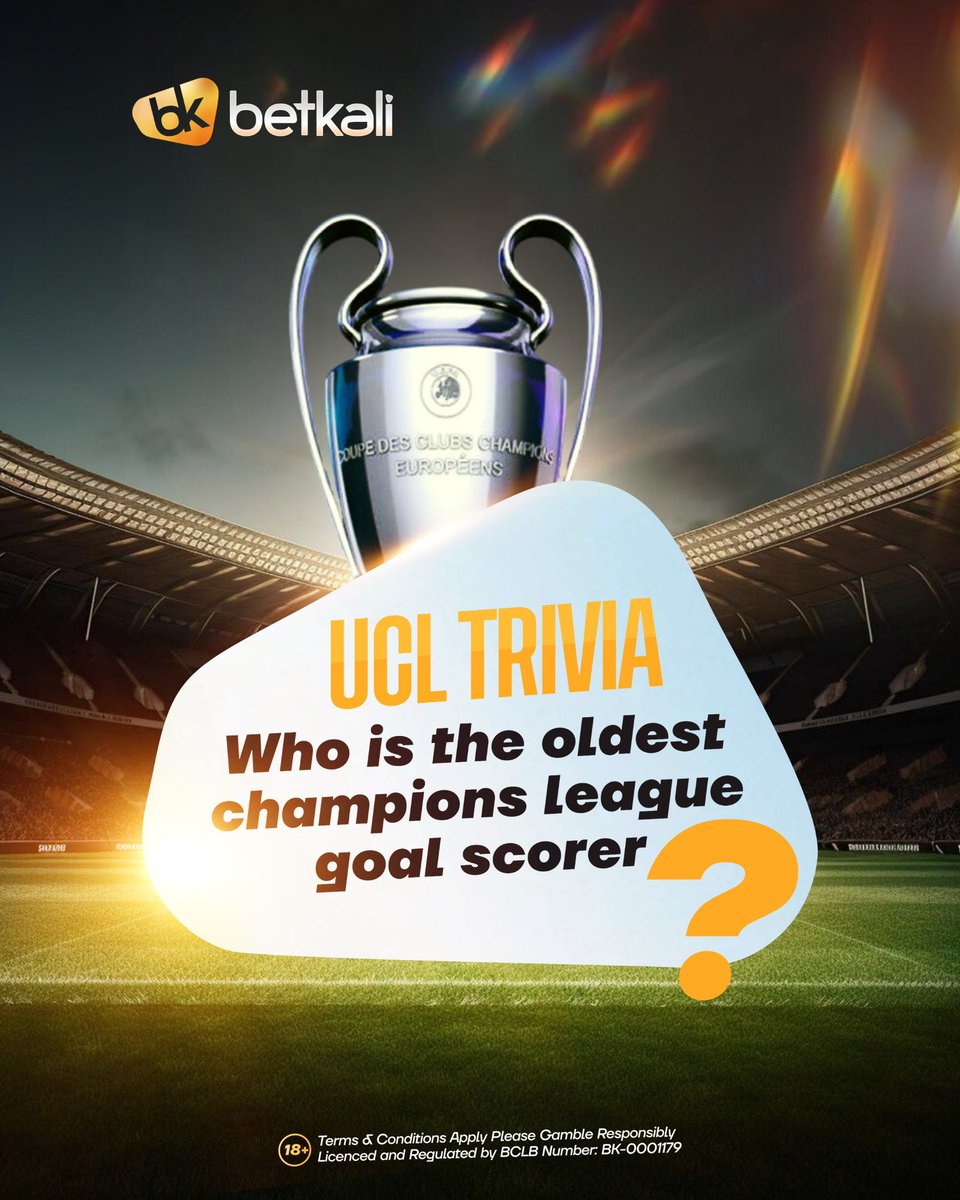 betkalikenya's tweet photo. 🚨Trivia Alert🚨

Today is UCL night and we are asking for KES 200 who is the oldest goal scorer in the Champions League ? 
TNCs 
🫵🏽Have a betkali account 
👉🏽Follow us
🤙Share this post and tag two friends 

🫰🏽10 random winners 
Join https://t.co/6L5k6mKPGw Promo Code KALIX https://t.co/ze3ewaDykF