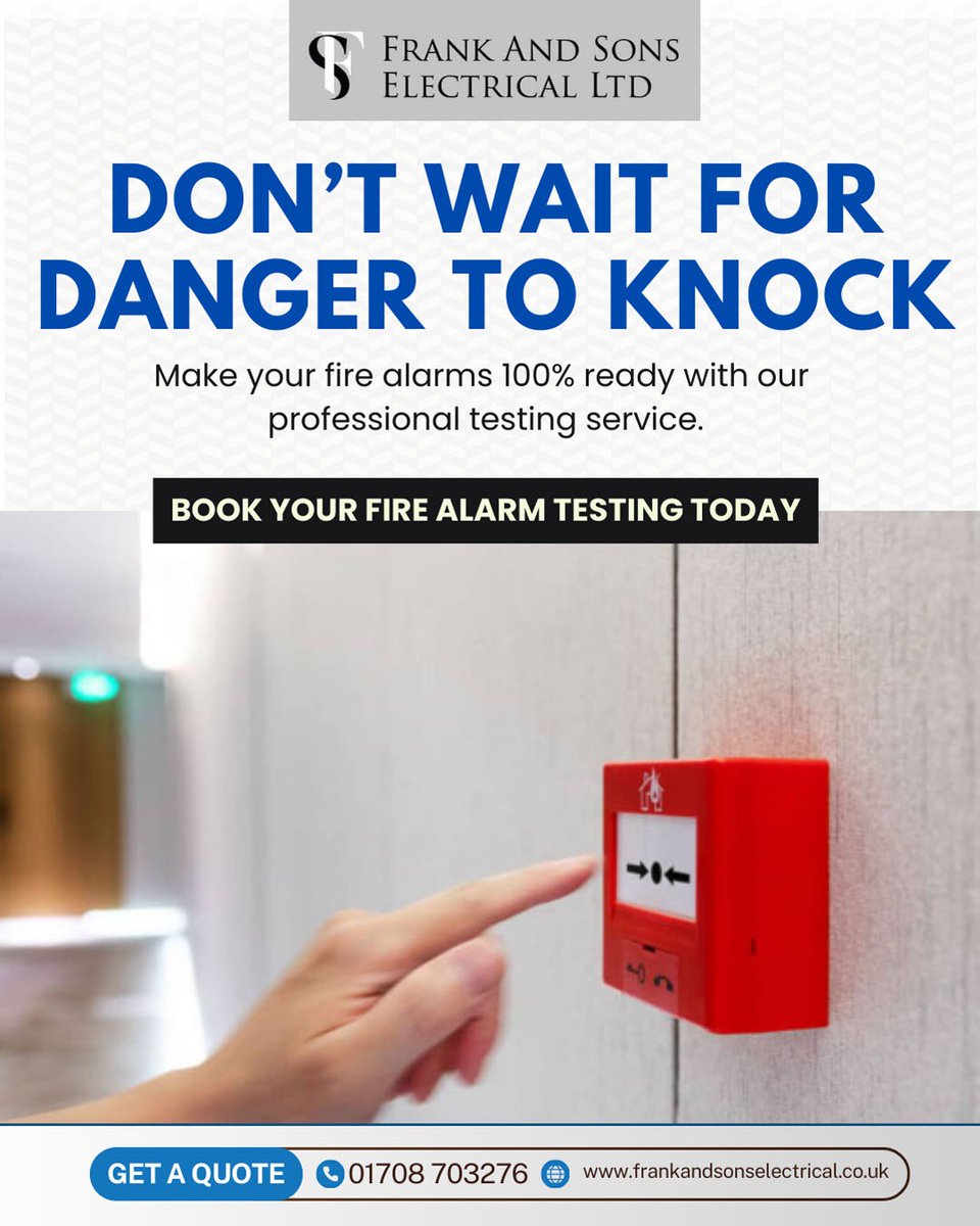 Frankandsonselc's tweet photo. Don’t wait for danger to knock — make your fire alarms 100% ready with our professional testing service.

Book your fire alarm testing today https://t.co/lWSnhFIzsa  
#FireAlarmTesting #ElectricalSafetyUK #FrankAndSonsElectrical #HomeSafetyUK #FireProtectionServices https://t.co/MMoywpq7U8