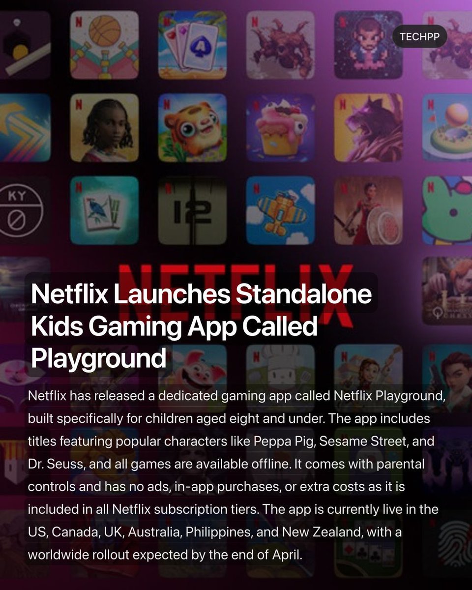 techpp's tweet image. Netflix Launches Standalone Kids Gaming App Called Playground

#Netflix #Launch #Launches #Standalone #Kids #NetflixPlayground #KidsGames #Gaming #StreamingApps #NetflixGames