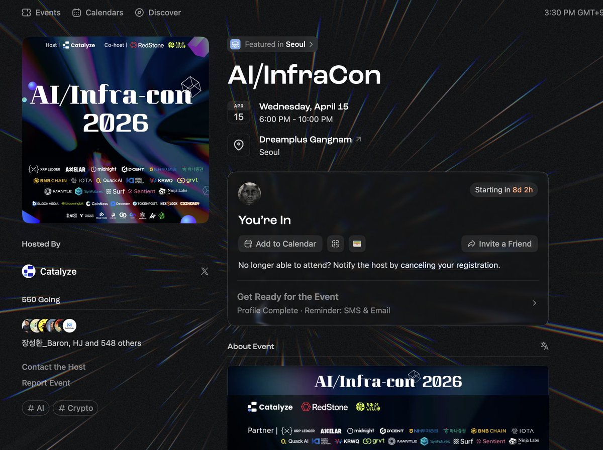 SyuraMoons's tweet photo. Just got accepted to AI/InfraCon during BUIDL Week π
Excited to dive into real-world applications of AI + Web3 infrastructure β from Perp DEX to RWAs, stablecoins, and AI agents.
See you in Seoul π°π·
π DreamPlus Gangnam
ποΈ April 15
#BUIDLWeek #AI #Web3
@0xskars @catocadolicio https://t.co/MMErvTtWrt