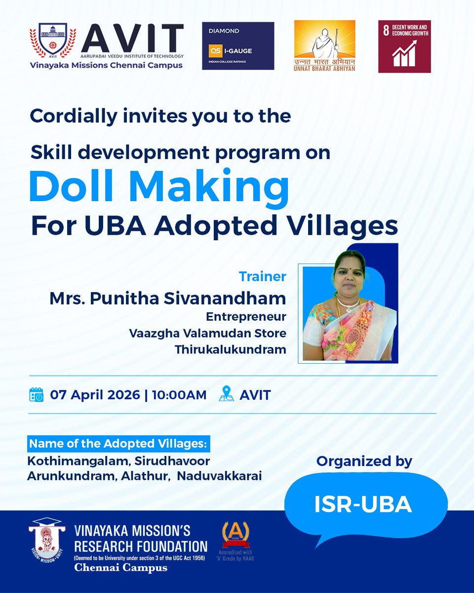 AVITChennai's tweet image. Join AVIT for a Doll Making Skill Development Program for our UBA Adopted Villages, featuring entrepreneur Mrs. Punitha Sivanandham. 

#AVIT #UBA #SkillDevelopment #DollMaking #CommunityImpact #Empowerment #ChennaiEvents #RuralDevelopment #ISR