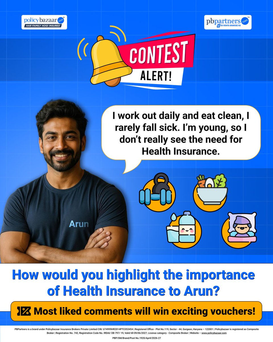 PBPartners_Ofcl's tweet image. #CONTEST ALERT!

How would you highlight the importance of #healthinsurance to Arun? 

How to participate:
1️⃣Follow PBPartners
2️⃣ Comment your answer &amp;amp; tag 4 friends 
3️⃣ Use hashtag #Worldhealthday

Contest valid till 25th April 2026

#PBPartners