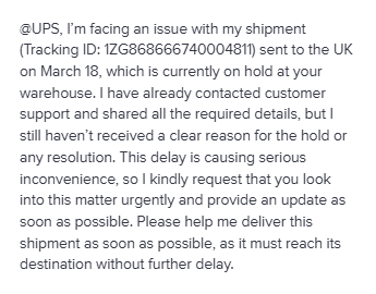 Asadmohml's tweet photo. @UPS @upshelpsuppor1t 
I’m facing an issue with my shipment (Tracking ID: 1ZG868666740004811) sent to the UK on March 18. It’s currently on hold at your warehouse, and I haven’t received a clear reason despite sharing all required details. Please assist urgently. https://t.co/L2ynHX2igS