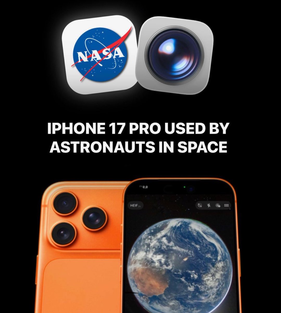 GreasyThumb3's tweet photo. NASA is using an iPhone 17 Pro to capture images of Earth from orbit. A device built for everyday use is now performing in one of the most extreme environments possible. 

The iPhone 17 Pro Max has been cleared for future missions, including potential use on Artemis II. https://t.co/K7xnnm3cRs