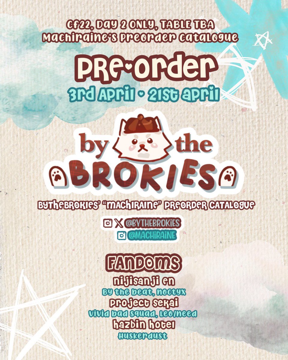 lenciatelier's tweet photo. [likes &amp; reposts appreciated]
heyy, here is machiraine’s catalog for #comifuro22 
for any inquiries DM our instagram @/bythebrokies 

machiraine’s fandoms include: #nijisanjien , #projectsekai , &amp; #hazbinhotel ! (1/2)

💙 PO here: https://t.co/XBnfIsMnVJ
pre-order open 3-21 April https://t.co/e6Ux0FLhXD