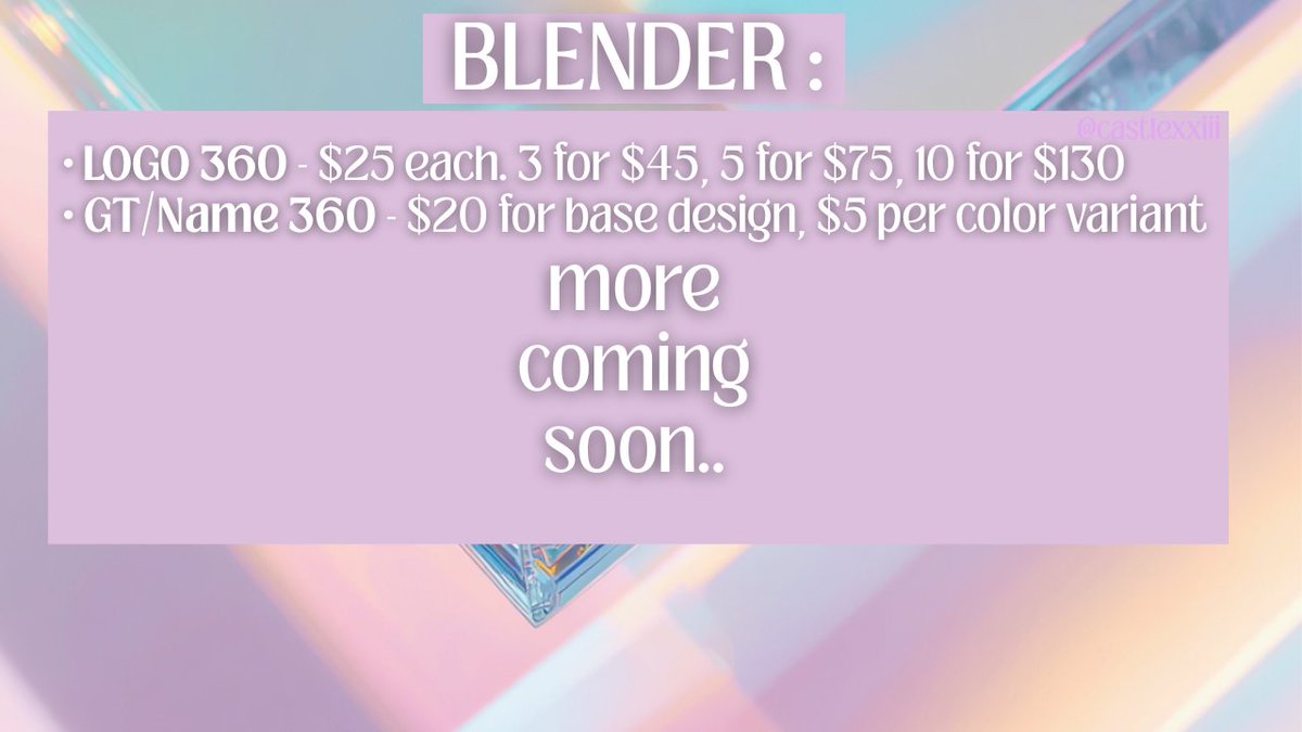 decided to uh actually put all my prices in the same spot plus new prices for blender!! more coming soonnn♡

dm to commission! ♡‧₊˚
