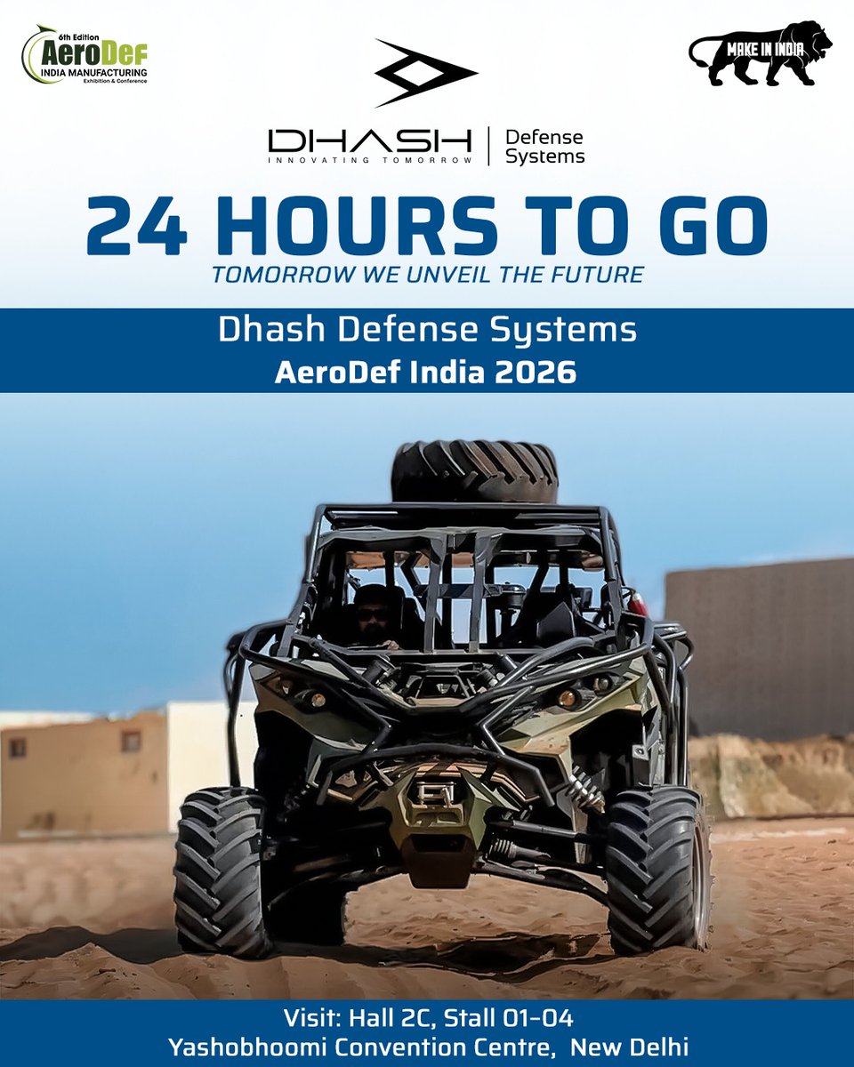 DhashDefense's tweet photo. 24 hours to go.

Tomorrow, Dhash Defense Systems steps onto the national stage for the first time. Our indigenous all terrain tactical mobility platforms will be unveiled to the defence community at AeroDef India 2026.

https://t.co/3AXX3Empht https://t.co/QzVlEhTH8M