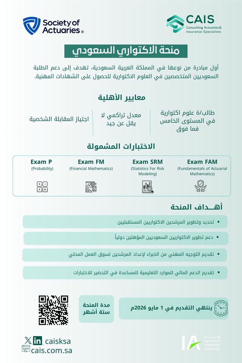 CAISKSA's tweet photo. فرصة مميزة لطلبة العلوم الاكتوارية في الجامعات السعودية للتقديم على الدفعة الثانية من منحة الاكتواري السعودي.

نشارككم أهم معايير الأهلية والتفاصيل المتعلقة بالمنحة.

تأكد من استيفاء الشروط وابدأ رحلتك نحو مستقبل مهني متميز في المجال الاكتواري. https://t.co/vI1k9puC7Y