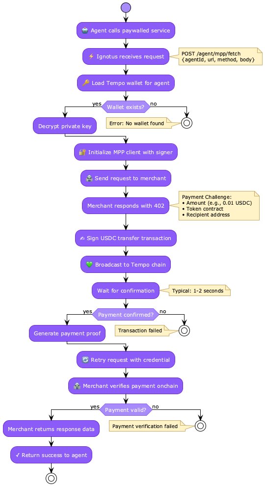 This is what goes behind the hood when an agent  to interacts with a merchant gated by <a href="/mpp/">Machine Payments Protocol</a>   

- Agentic On-chain Infrastructure by $ignotus handles everything.