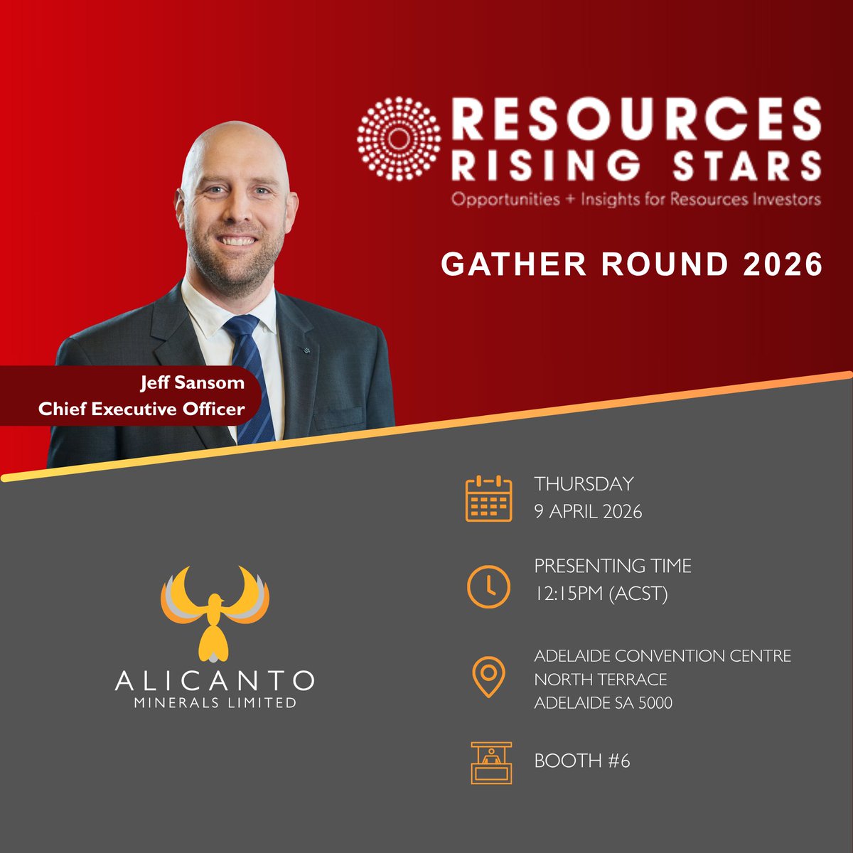 Alicanto Minerals (ASX: AQI) will be participating in Resources Rising Stars Gather Round 2026, Adelaide. CEO Jeff Sansom will be presenting a company update &amp; recent progress at 12:15pm (ACST), Thursday 9 April. Visit us at Booth #6.