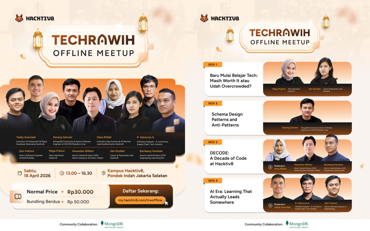hacktiv8id's tweet photo. Belajar tech di era sekarang masih worth it nggak? 

Bahas langsung di Techrawih Offline Meetup bareng industry professionals, instructor, dan alumni Hacktiv8!

📍 Kampus Hacktiv8 Pondok Indah
📅 18 April 2026
🎟 Normal 30.000 (Bundling 50.000)

Daftar https://t.co/HFmmeiMRHR https://t.co/BmG8iuqGMF