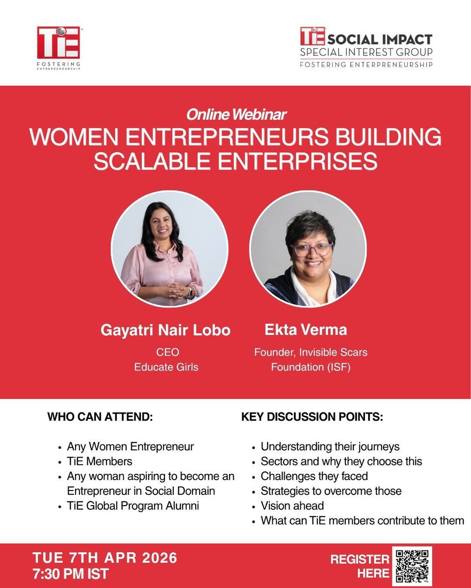 TiEHyderabad's tweet image. TiE Social Impact SIG presents a webinar on Women Entrepreneurs Building Scalable Enterprises 🚀

🗓 Apr 7 | ⏰ 7:30 PM IST
Open to founders, women entrepreneurs &amp;amp; TiE community.

Register: lnkd.in/gbMM5YMT

#WomenEntrepreneurs #StartupIndia #SocialImpact #TiEHyderabad