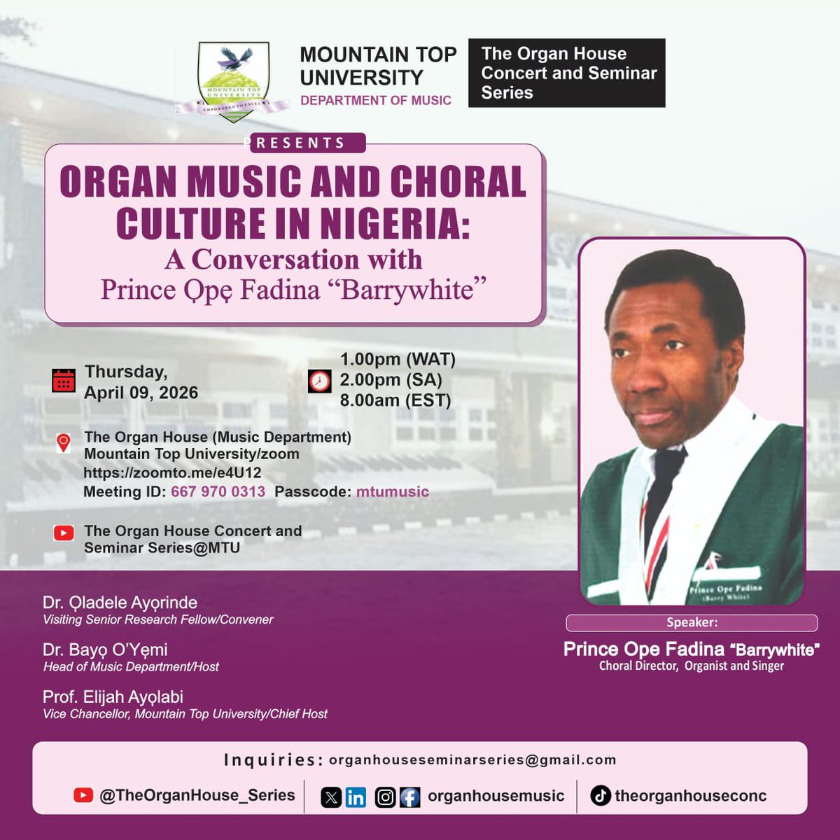 Organhousemusic's tweet image. We’re happy to be having Prince Ope Fadina at the Organ house this Thursday, 9th, April 2026.
Join us at 1pm WAT as we engage in conversation with “Barrywhite”!
zoomto.me/e4U12
#mtu #organhouse #barrywhite
