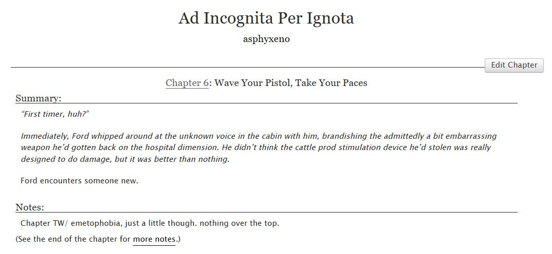 Ad Incognita Per Ignota
Ch 6/?

updating my portal era billford horror fic for the first time in over a year. PLEASE read tags before reading as it is horror and features some gore. Every chapter is properly labeled with a tw for its contents

archiveofourown.org/works/58977619…
