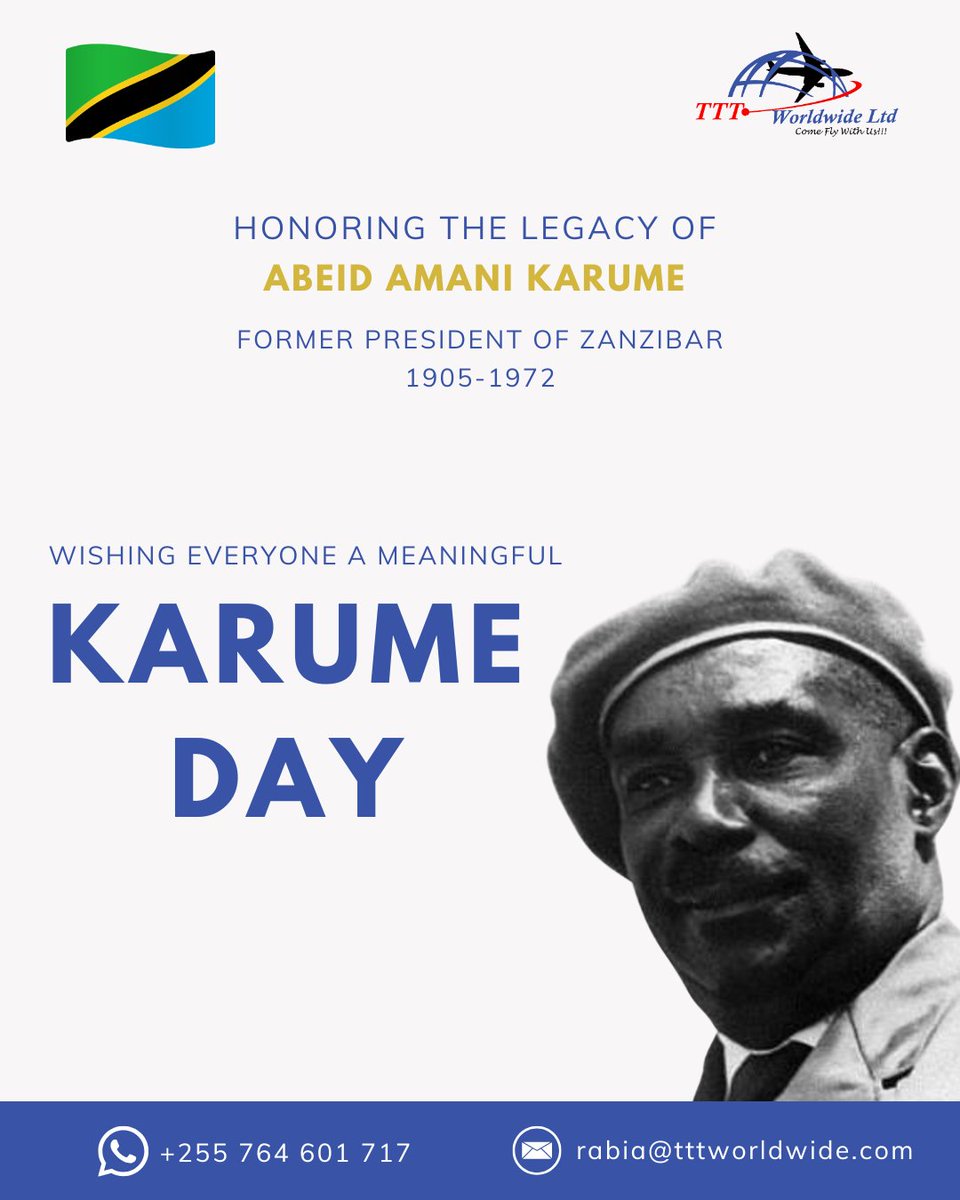 TTTWorldwide's tweet photo. 🇹🇿 Honoring the legacy of Abeid Amani Karume on Karume Day.

Today we remember his contribution to unity, leadership, and the progress of Tanzania. Wishing everyone a meaningful and peaceful Karume Day.

#KarumeDay #Tanzania #AbeidKarume #TravelWithUs https://t.co/7gjf26YSSW