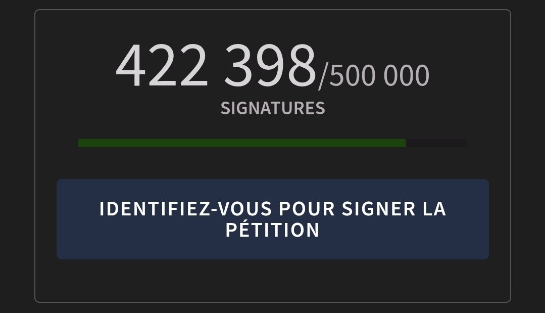 Les 500k sont à portée de main, il faut signer!!!

petitions.assemblee-nationale.fr/initiatives/i-…