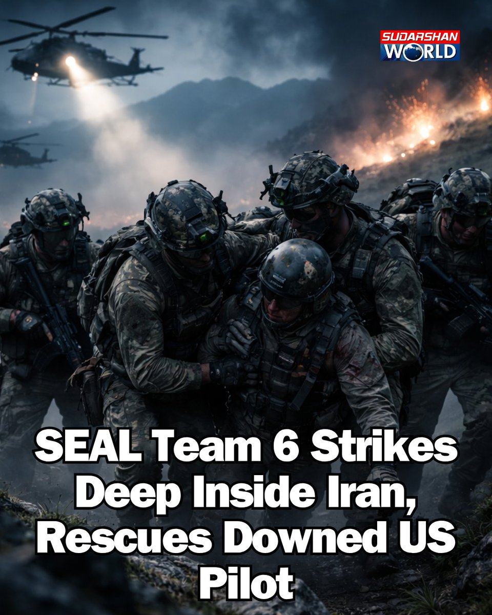 Sudarshan_World's tweet image. SEAL Team 6 carries out a daring deep-penetration mission nearly 300 km inside Iran, rescuing a downed US pilot in a high-risk covert op. Elite forces, precision execution.

#SEALTeam6 #USMilitary #Iran #BreakingNews #SpecialForces #GlobalSecurity #Defense
