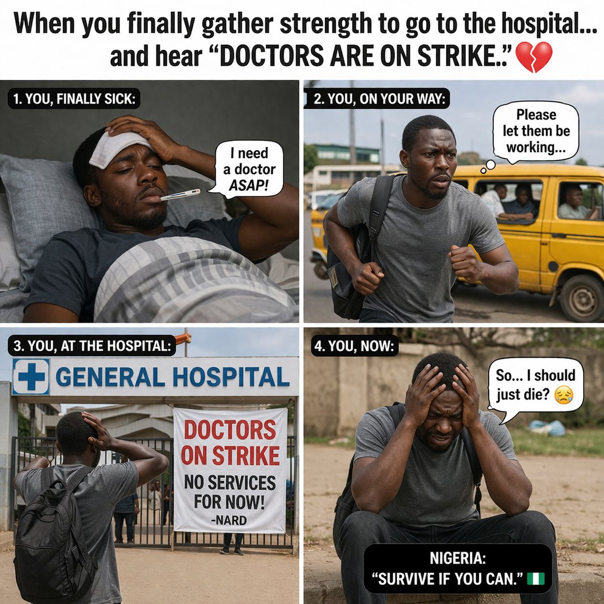 Timothy71967285's tweet photo. 🚨 BREAKING: Doctors nationwide begin indefinite strike today over unpaid salaries, allowances & broken agreements. Public hospitals face disruption as patients brace for delays. Healthcare system under pressure again. 🇳🇬 #NARD #DoctorsStrike https://t.co/4lf0wpiQ9N