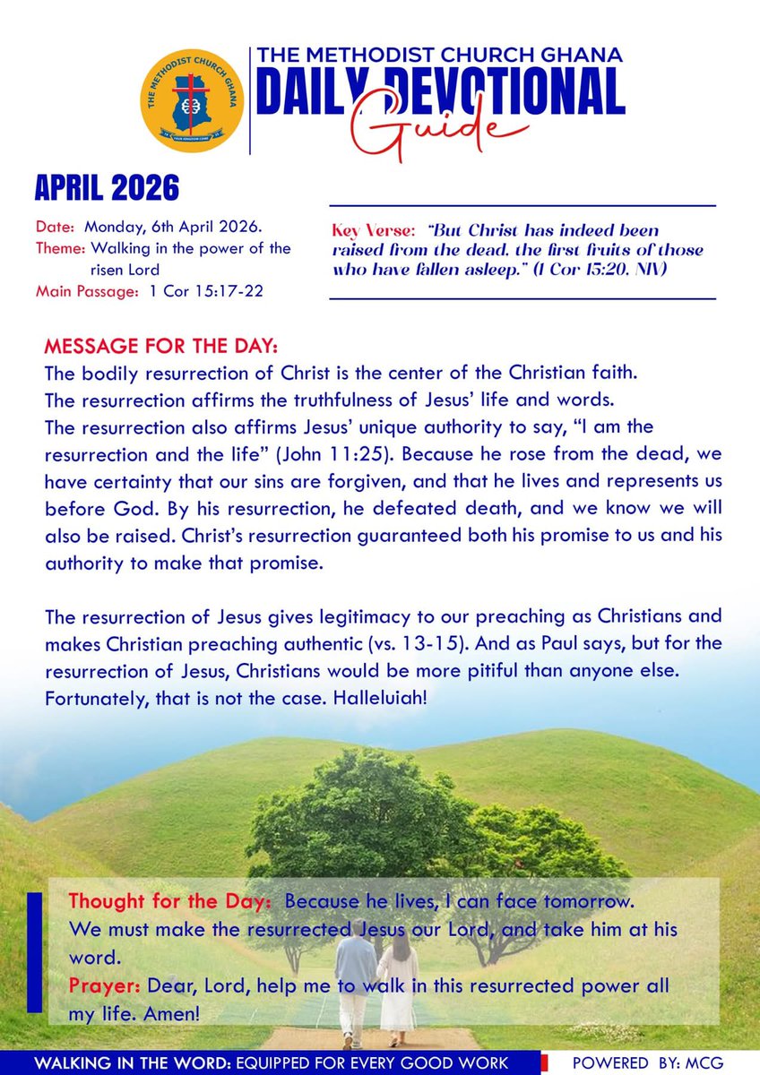 EMC_Madina's tweet photo. DAILY  DEVOTION - Monday, 6th April 2026 
𝐓𝐇𝐄𝐌𝐄:  WALKING IN THE POWER OF THE RISEN LORD
#TheMethodistChurchGhana

https://t.co/MUlqeBILdG https://t.co/eVvKSoHOao