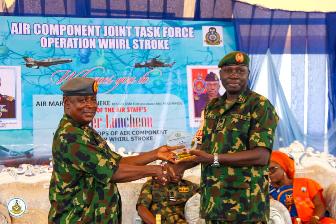 NigAirForce's tweet photo. CAS CHARGES TROOPS TO SUSTAIN JOINT AIR-GROUND STRIKES AGAINST TERRORISTS, REINFORCES FRONTLINE MORALE IN MAKURDI

The Chief of the Air Staff (CAS), Air Marshal Sunday Kelvin Aneke, on 6 April 2026 hosted personnel of the Air Component, Operation WHIRL STROKE (AC OPWS), to a special Easter luncheon in Makurdi aimed at reinforcing frontline morale while sustaining the momentum of ongoing joint air-ground operations. The CAS described Easter as a solemn period symbolising sacrifice, discipline, and spiritual renewal, values that resonate strongly with the ethos of military service. He paid glowing tribute to the gallant men and women of AC OPWS and the wider Armed Forces of Nigeria, noting that their courage, professionalism, and unwavering dedication remain central to recent operational gains and continue to inspire confidence in the Armed Forces’ ability to restore peace and security.

Represented by the Chief of Medical Services, Air Vice Marshal Ikechukwu Ogbodo, the CAS reaffirmed that the Nigerian Air Force, in close synergy with sister services and other security agencies, remains resolute, proactive, and unyielding in ongoing operations against bandits and terrorist elements. He disclosed that the Service has intensified intelligence-driven air campaigns through sustained precision strikes, close air support, armed reconnaissance, and interdiction missions that continue to disrupt enemy logistics, dismantle command structures, and deny hostile elements freedom of movement across the theatre. He added that recent gains recorded within the joint operations area are a direct reflection of troop professionalism, effective joint synergy, and the NAF’s deliberate investment in advanced combat platforms, attack helicopters, surveillance systems, unmanned aerial vehicles, and precision-guided munitions designed to dominate the battlespace and deny terrorists the opportunity to regroup.

The CAS further noted that the NAF will continue to prioritise civil-military cooperation and troop welfare initiatives as critical enablers of morale and sustained mission focus. Earlier, the Air Officer Commanding Tactical Air Command, Air Vice Marshal Micheal Ekwueme, described the luncheon as a strategic morale-building engagement that reinforces comradeship and operational synergy within the Joint Operations Area. In a separate remark, the Air Component Commander, Operation WHIRL STROKE, Wing Commander OO Evulobi, assured the CAS that personnel remain fully committed to sustaining the current operational tempo and delivering decisive airpower effects in support of surface forces. The engagement once again underscored the people-centric leadership of the CAS and his commitment to sustaining a highly motivated, professional, and mission-ready force.

#NAF #AirPower #OperationWhirlStroke #JointOperations #CounterBanditry #CounterTerrorism #TroopMorale #OperationalEffectiveness #MissionReadiness #NationalSecurity #NigerianAirForce