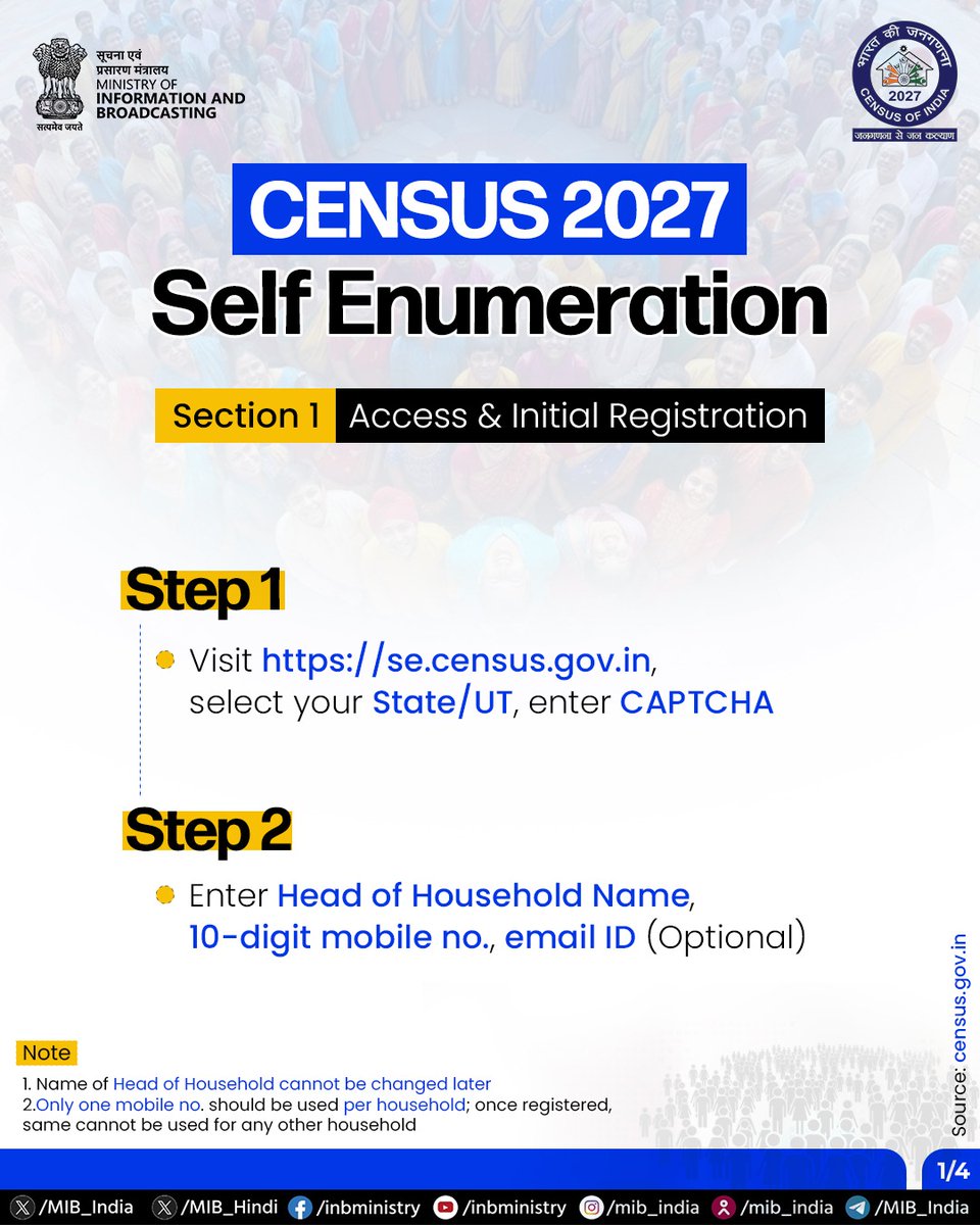 MIB_India's tweet photo. Self Enumeration (SE) for Phase I of #Census2027 has begun.

The Self-Enumeration exercise is a secure, web-based facility available in 16 Indian languages. 

For the first time, respondents can fill in their details online at their convenience before the Enumerator’s visit.

Visit https://t.co/Dl6ioZ3MaP for more details.

#SelfEnumeration