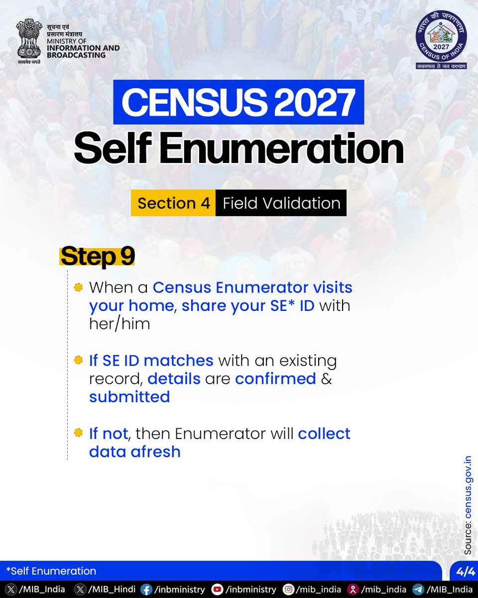 Self Enumeration (SE) for Phase I of #Census2027 has begun.

The Self-Enumeration exercise is a secure, web-based facility available in 16 Indian languages. 

For the first time, respondents can fill in their details online at their convenience before the Enumerator’s visit.