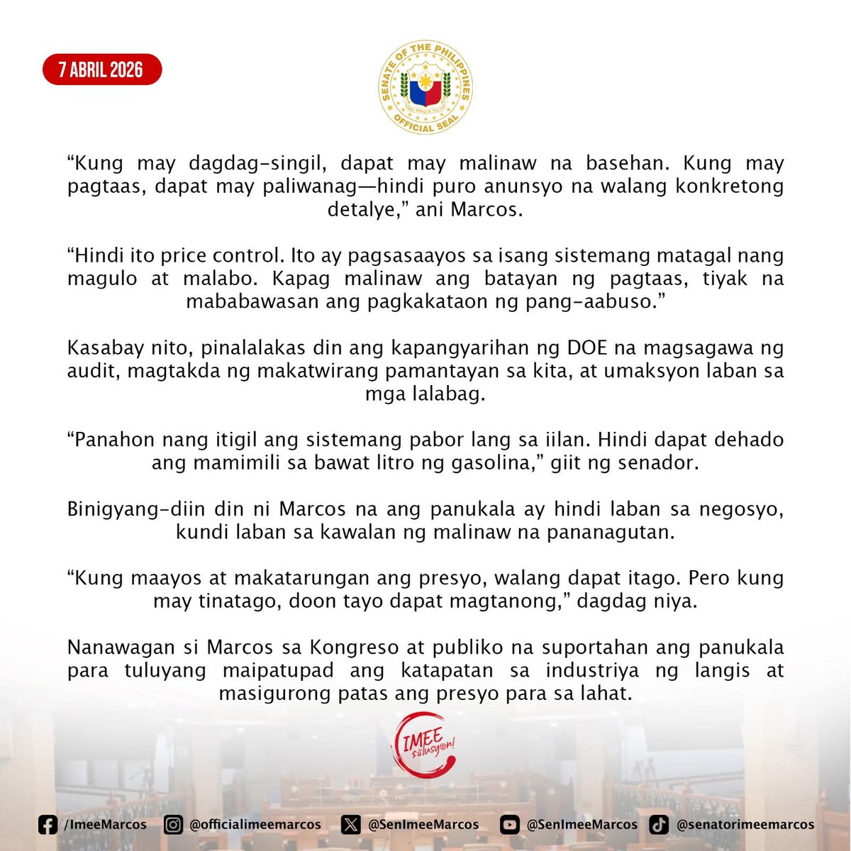 SenImeeMarcos's tweet photo. Kung maayos at makatarungan ang presyo, walang dapat itago. Pero kung may tinatago, doon tayo dapat magtanong.

#IMEEsolusyon
#ImeeMarcos
#SenatorImee
#SenatorImeeMarcos
#SenImee
#SenImeeMarcos
#Imee https://t.co/j0a5djeRjm