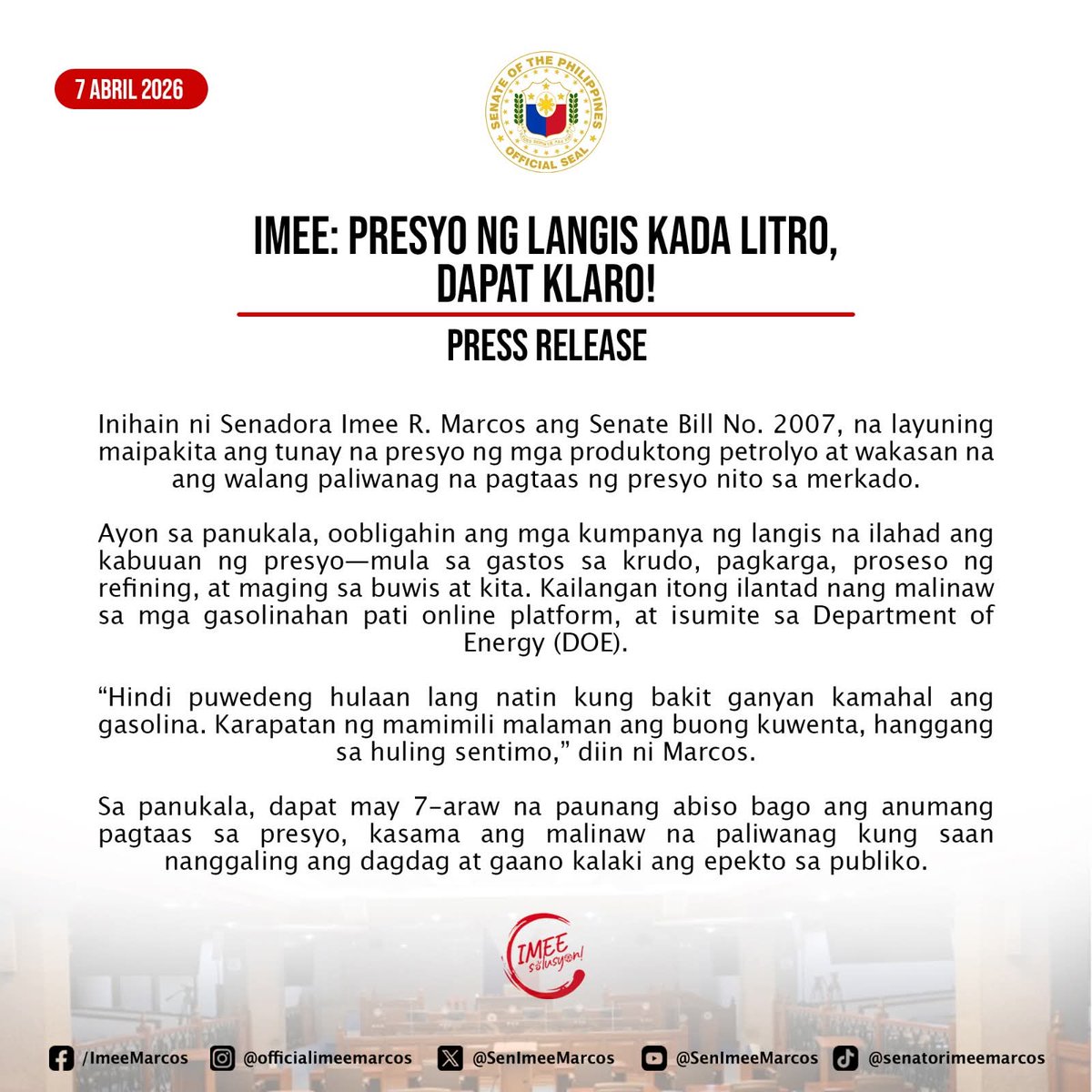 SenImeeMarcos's tweet photo. Kung maayos at makatarungan ang presyo, walang dapat itago. Pero kung may tinatago, doon tayo dapat magtanong.

#IMEEsolusyon
#ImeeMarcos
#SenatorImee
#SenatorImeeMarcos
#SenImee
#SenImeeMarcos
#Imee https://t.co/j0a5djeRjm