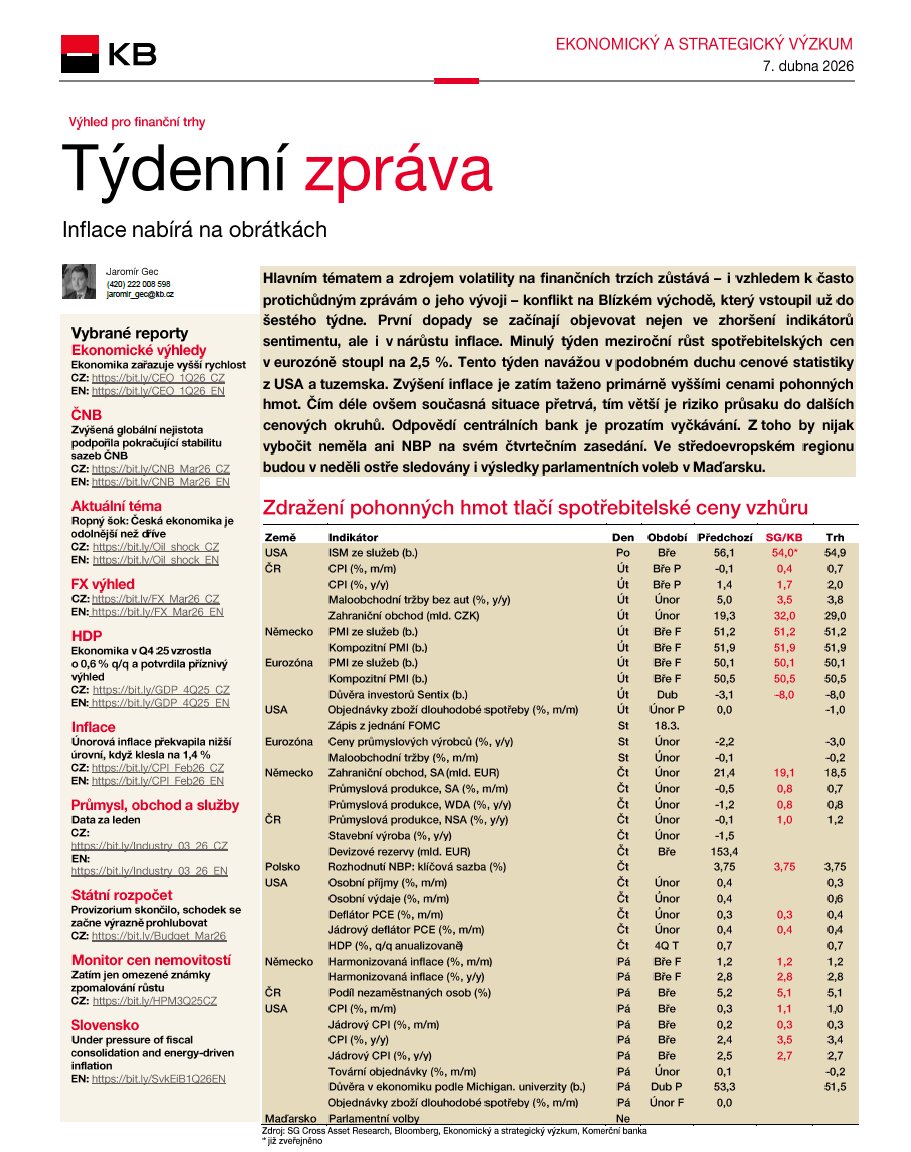 💥Konflikt na Blízkém východě dál zvyšuje volatilitu na trzích a začíná se propisovat také do cen, což by měla potvrdit 🇨🇿 i 🇺🇸 inflace za březen. V regionu budou sledovány také 🇭🇺🗳️ volby a zasedání NBP 🇵🇱🏦. Více v #KBtydenni👉bit.ly/41Rk3pG✍️<a href="/komercka/">Komerčka</a>.