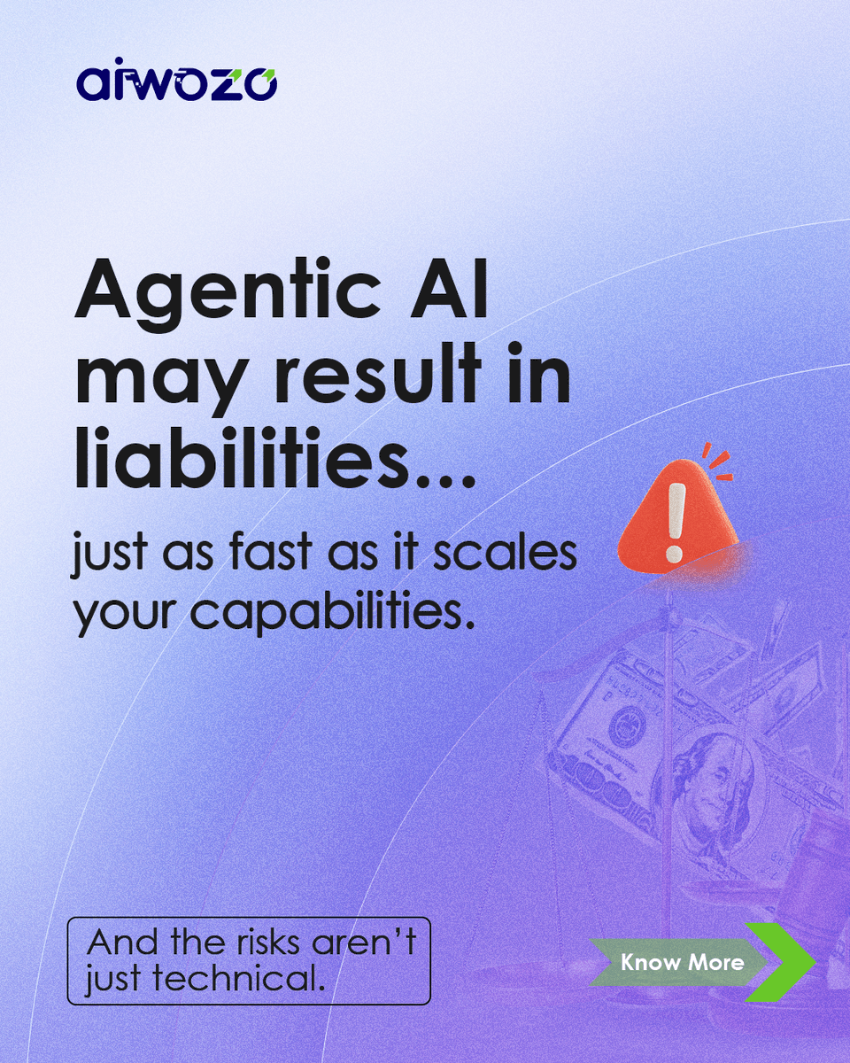 QualeInfotech's tweet photo. Agentic AI is scaling fast; risk even faster.
As it takes on real enterprise decisions, its capabilities outpace control, while new regulations and rising threats continue to erode trust.

Aiwozo helps you stay in control. https://t.co/OGsthoKYD4

#AgenticAI #AIGovernance #Aiwozo https://t.co/PZapWnkhUM