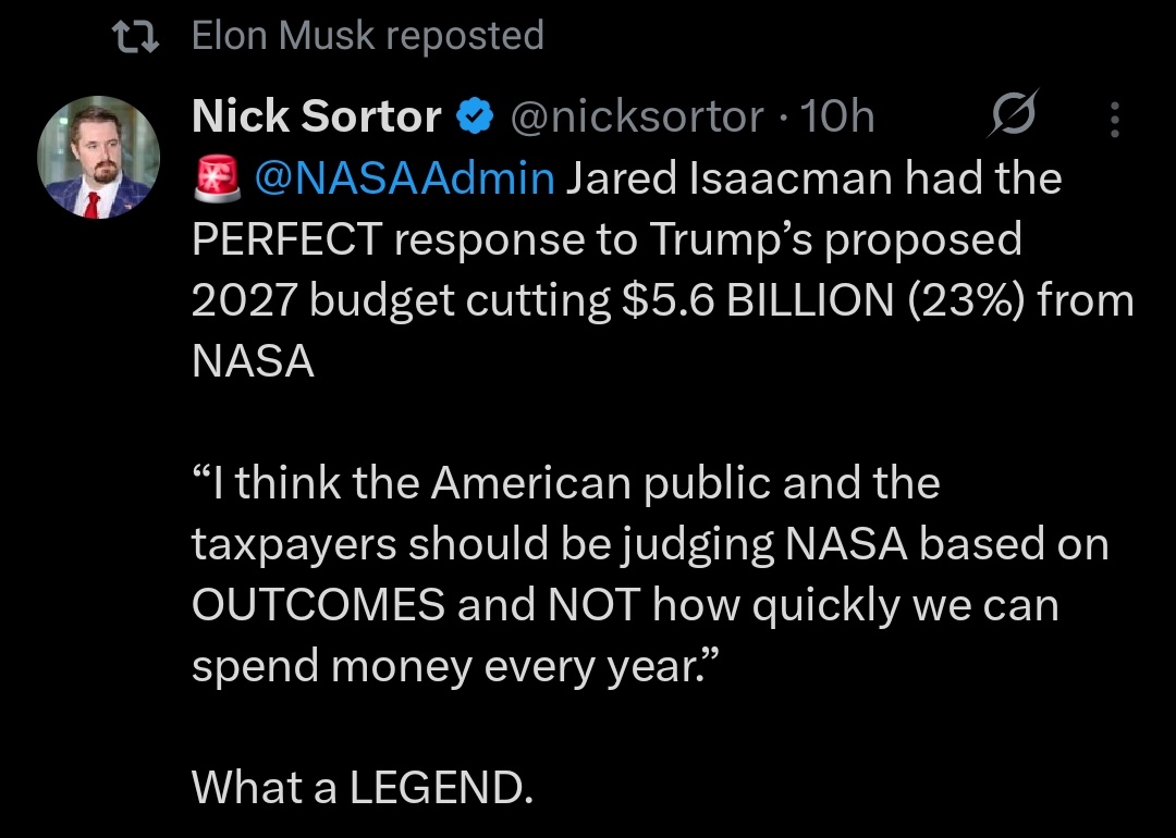 NASAoneth's tweet photo. Cutting NASA budget is not a good idea, even Elon agrees there.   NASA contributions are massive towards humanity. https://t.co/XNQm55UBee