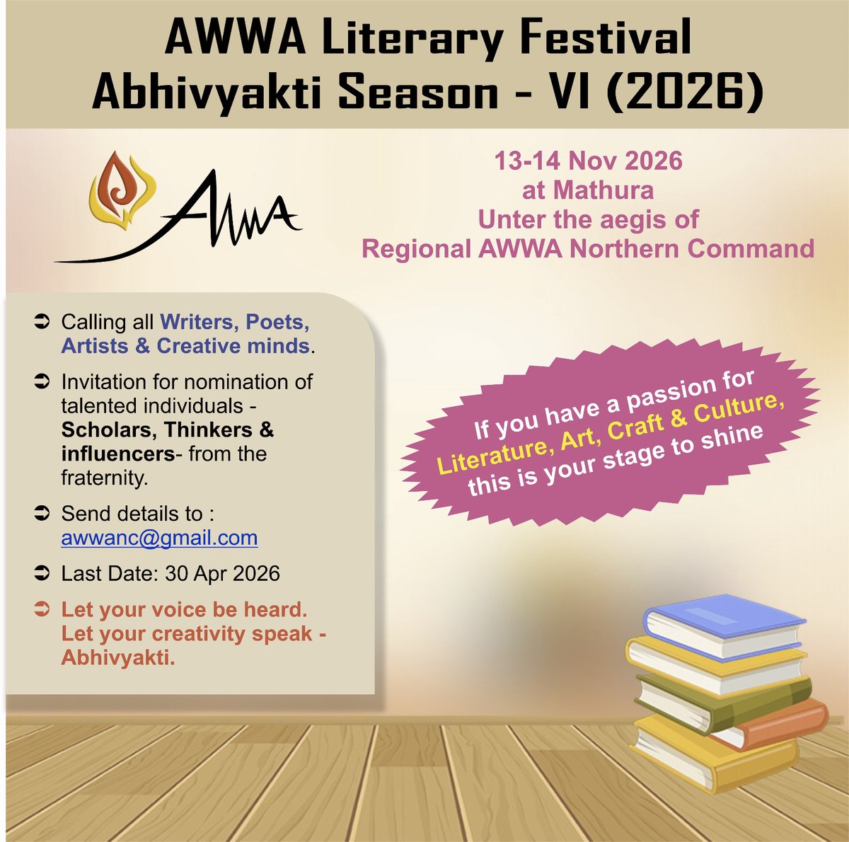 OfficialAwwa's tweet image. #WeCare
#Motivate_Facilitate_Empower
Calling submissions for AWWA Literary Festival Abhivyakti Season 6 (2026) 

@adgpi  @NorthernComd_IA  @MinOfCultureGoI