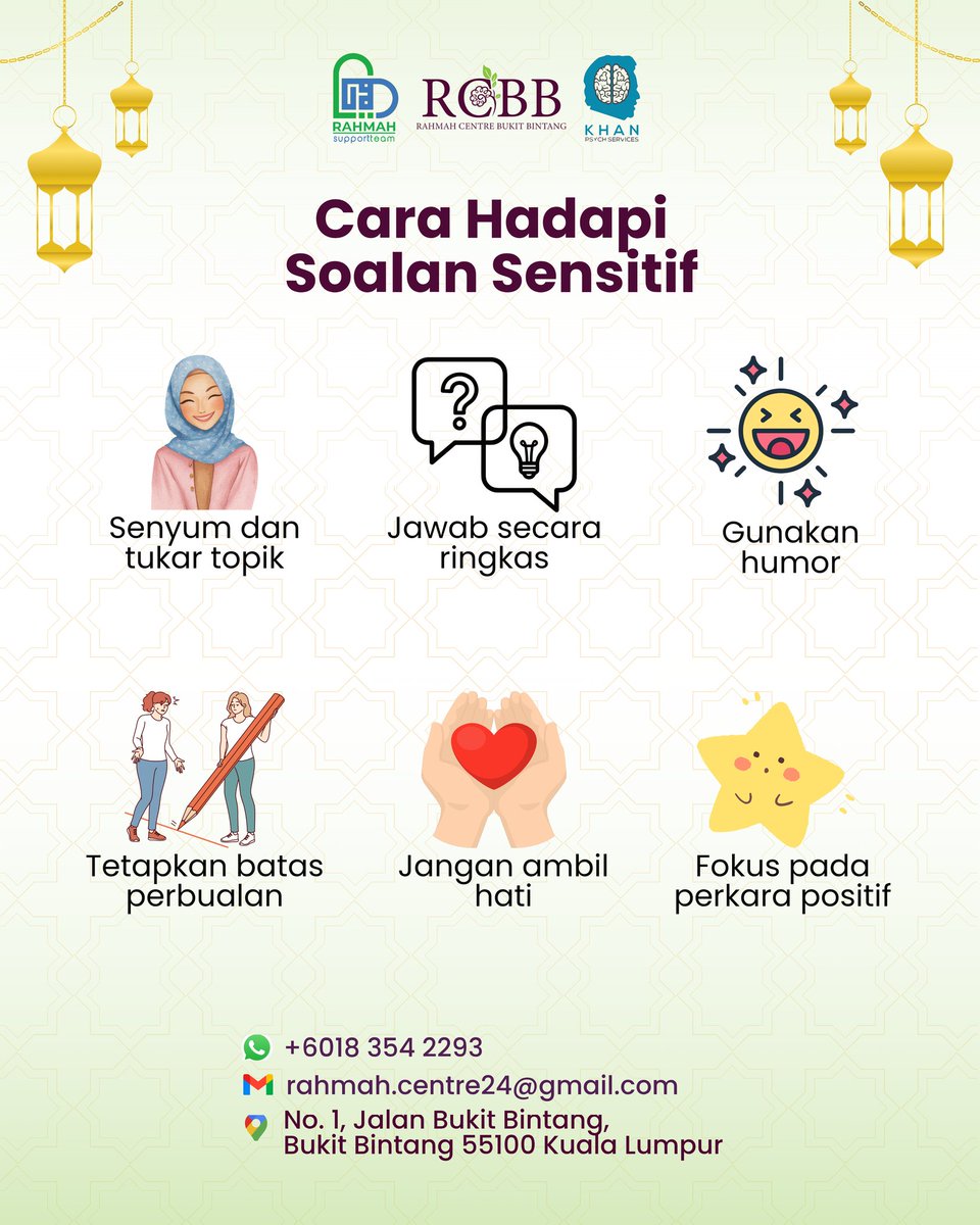 RahmahSupport's tweet photo. Kadang soalan sensitif sukar dielakkan ketika raya. Jawab secara ringkas, tukar topik atau gunakan humor jika perlu. Ingat, menjaga batas diri adalah cara menghormati emosi sendiri. 🌿 https://t.co/21DBYcP2C8