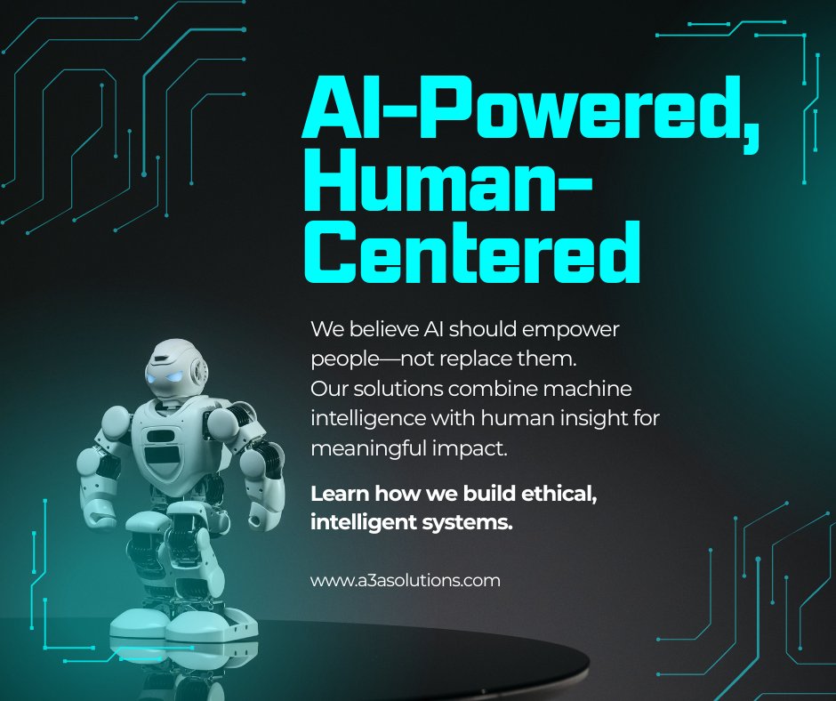a3asolutions's tweet photo. AI that empowers, not replaces. 🤖✨

We’re building a future where technology works with people—combining intelligent systems with human insight to create real impact.
Smarter solutions. Ethical innovation. Human at the center.
#AI #HumanCentered #Innovation #TechForGood #Future https://t.co/YEOy5RXCGd