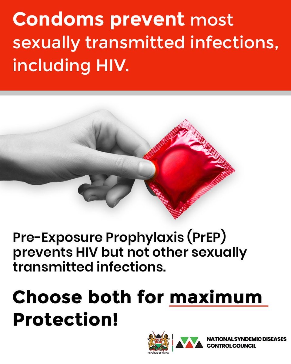 nsdcc_kenya's tweet image. When used correctly and consistently, condoms protect against most sexually transmitted infections, including HIV, and help prevent unplanned pregnancies.
#PrEP prevents HIV, but it does not protect against other sexually transmitted infections.
Choose both for maximum protection