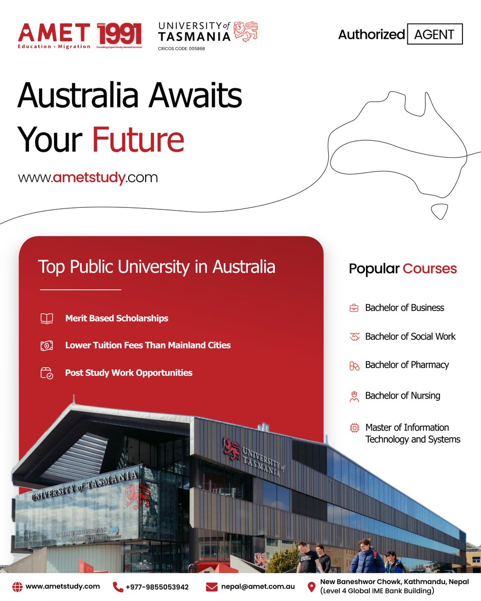 ametnepal's tweet photo. 🎓 Study at University of Tasmania in Australia 🇦🇺
Experience 𝗵𝗶𝗴𝗵-𝗾𝘂𝗮𝗹𝗶𝘁𝘆 𝗲𝗱𝘂𝗰𝗮𝘁𝗶𝗼𝗻, 𝗴𝗹𝗼𝗯𝗮𝗹𝗹𝘆 𝗿𝗲𝗰𝗼𝗴𝗻𝗶𝘇𝗲𝗱 𝗱𝗲𝗴𝗿𝗲𝗲𝘀, and 𝗰𝗮𝗿𝗲𝗲𝗿-𝗳𝗼𝗰𝘂𝘀𝗲𝗱 𝗽𝗿𝗼𝗴𝗿𝗮𝗺𝘀 for your future.

#UniversityOfTasmania #StudyInAustralia #AMETNepal https://t.co/2yad1eQJ6j