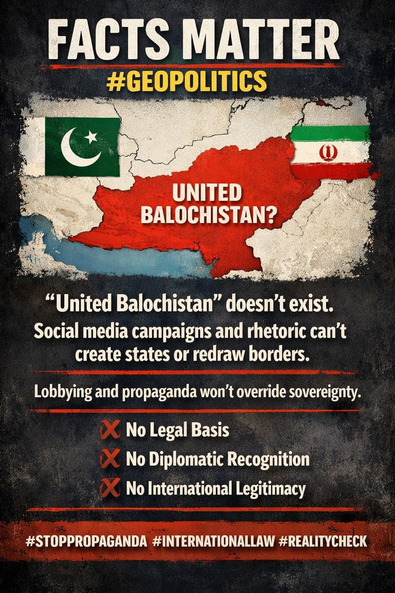 hibaQbukhari's tweet image. یہ جغرافیائی سیاست کی محض افسانوی صورت ہے۔ "متحدہ بلوچستان" نہ قانونی، نہ سفارتی سطح پر تسلیم شدہ ہے اور نہ ہی اقوام متحدہ میں کوئی شناخت رکھتا ہے۔ کسی ملک سے تسلیم کروانے کا مطالبہ سیاسی تماشہ ہے۔ #FactsMatter