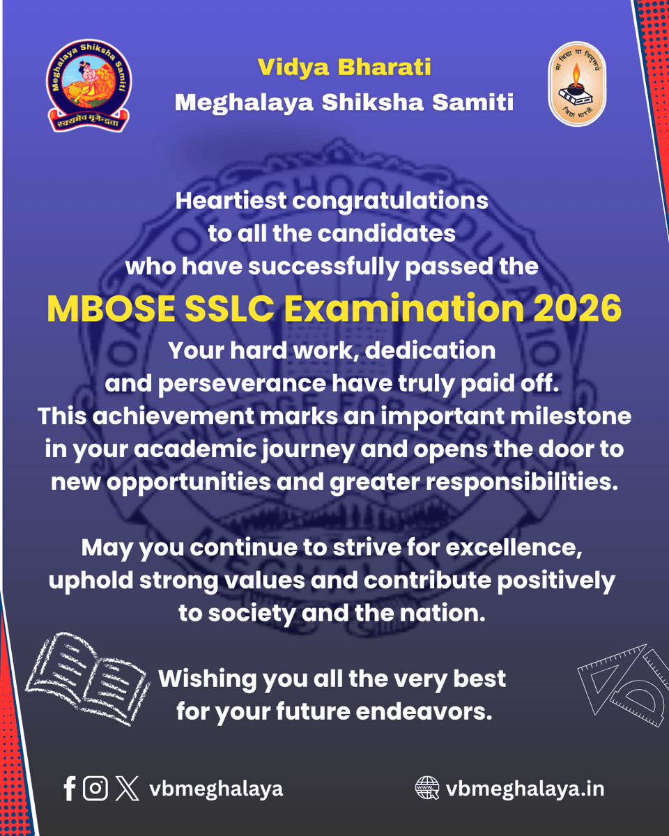 vbmeghalaya's tweet photo. 🎉Heartiest congratulations to all students who cleared the #MBOSE SSLC Examination 2026!
Your hard work and dedication have paid off. This is just the beginning of greater achievements ahead.
Wishing you success, strong values and a bright future! 🌟
#SSLC2026 #StudentSuccess https://t.co/PH64oAHz9N