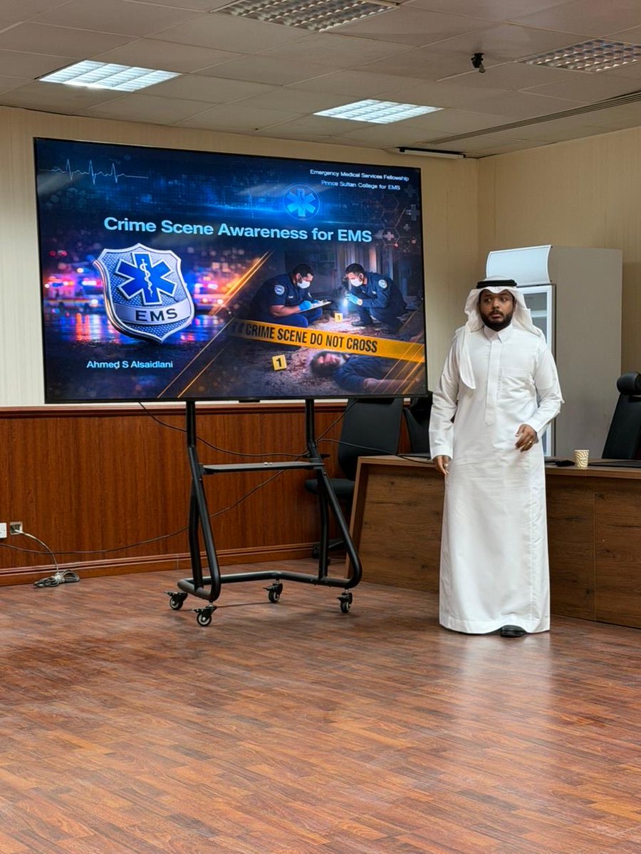 fems_ksu's tweet photo. Crime Scene Awareness
Delivered by Ahmed Alsaidani, Chief Fellow @a7_ssd 
Focused on the role of EMS in scene safety, evidence preservation, and minimizing contamination during patient care. https://t.co/Bq4a2InVTI