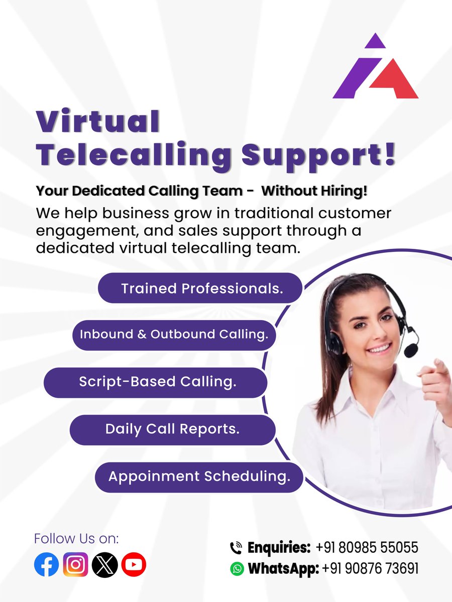 ZywinMedia's tweet image. 🚀 Want more leads without hiring a full team?
Our Virtual Telecalling Support helps you scale faster with:
 📞 Inbound &amp;amp; Outbound Calls
 📊 Daily Reports
 📅 Appointment Scheduling
 🎯 Script-Based Conversions
Focus on growth — we’ll handle the calls! 💼
#Telecalling