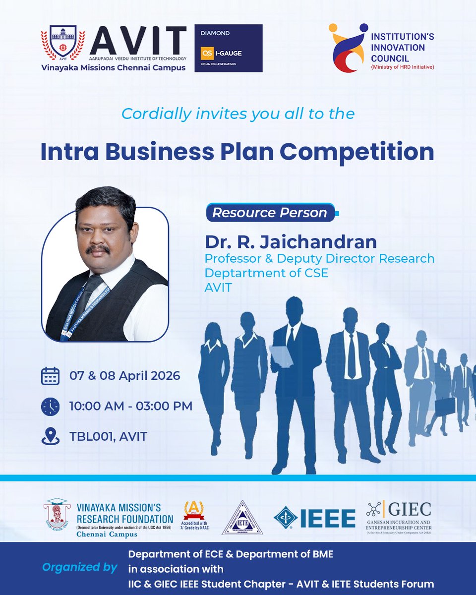 AVITChennai's tweet image. Join us for the Intra Business Plan Competition at AVIT! Witness the next generation of entrepreneurs pitch their visions to our resource person, Dr. R. Jaichandran. 

#AVIT #BusinessPlan #Entrepreneurship #Innovation #StartupIndia #ECE #BME #PitchDay #ChennaiEvents