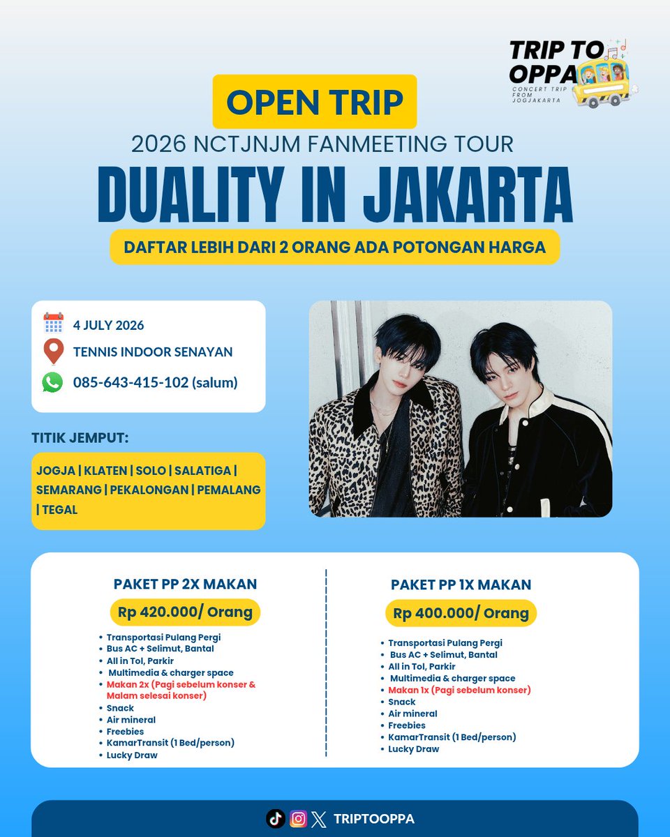 💙OPEN TRIP JNJM FANMEETING Jakarta 💙 NCTZEN Jogja, solo, Semarang, PEKALONGAN, PEMALANG, Tegal  yang mau nonton FANMEET JNJM , bisa gabung trip kita untuk berangkat bareng ke Jakarta. 
✅DP : 50.000
FORM KLIK linktr.ee/triptooppa
 #tripkonserjogja 
#NCTJNJM_FANMEETING_TOUR