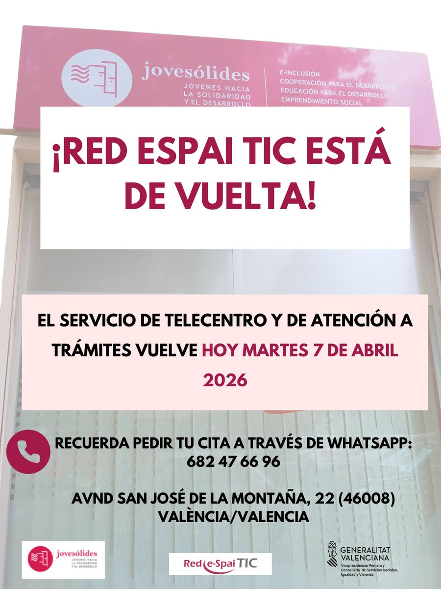 paugalca1998's tweet photo. 📢 Reapertura de Espai València✅

Informamos que, tras el período festivo, hoy martes 7 de abril retomamos las atenciones en Espai València con normalidad.

¡Os esperamos para continuar con la atención y acompañamiento habitual! ✨ https://t.co/2fldSpPSZ8